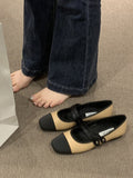 Momentlover Contrast Color Round Cut Split-Joint Square-Toe Low Heels Flat Shoes Flats