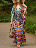 Momentlover Split-Side Printed Short Sleeves Loose V-Neck Maxi Dresses Beach Cover-Up