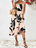 Momentlover Floral Printed Contrast Color Sleeveless Loose Spaghetti-Neck Midi Dresses