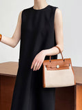 Momentlover Zipper Split-Back Solid Color Pockets Sleeveless Loose Round-Neck Midi Dresses