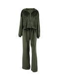 Momentlover Solid Color Hooded Long Sleeves Velvet Zipper Sweatshirt Top + Drawstring Elasticity Pockets Pants Bottom Two Pieces Set