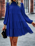 Momentlover Tied Split-Joint Solid Color Pleated Elasticity Long Sleeves High Waisted Mock Neck Mini Dresses
