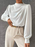 momentlover Simple Long Sleeves Puff Sleeves Asymmetric High-Neck Blouses&Shirts Tops