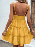Momentlover A-Line High Waisted Backless Jacquard Solid Color Split-Joint Tied U-Neck Mini Dresses Slip Dress