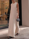 Momentlover Loose Sleeveless Solid Color Split-Side Round-Neck Maxi Dresses
