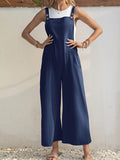 Momentlover Solid Color Wide Leg Loose Square-Neck Overalls