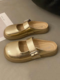 Momentlover Split-Joint Shallow Cut Round-Toe Belt Buckle Slippers&Mules Platform Shoes