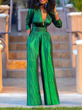 Momentlover High Waisted Three-Quarter Sleeves Shiny Solid Color Deep V-Neck Jumpsuits Bottoms