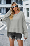 Momentlover High-Low Slit Round Neck Long Sleeve Sweater