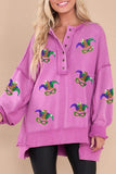 Momentlover Mardi Gras Sequin Half Button Exposed Seam Sweatshirt