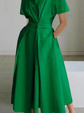 Momentlover High Waisted Loose Pleated Solid Color V-Neck Midi Dresses