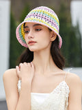 Momentlover Woven Short Brim Hollow Contrast Color Sun-Protection Hats&Caps Fisherman Hat