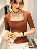 Momentlover Simple Solid Color Square-Neck Half Sleeves Shirt