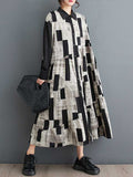 Momentlover Split-Joint Printed Buttoned Loose Long Sleeves Lapel Shirt Dress Midi Dresses