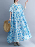 Momentlover Split-Joint Printed Pleated Leaf Short Sleeves Loose Round-Neck Midi Dresses