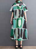 Momentlover Printed Color-Block Short Sleeves Oversize Lapel Shirt Dress Midi Dresses