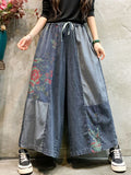 Momentlover Casual Wide Leg Loose Color-Block Bandage Embroidered Jean Pants Bottoms