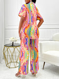 Momentlover Striped Lapel Loose Short Sleeves Buttoned Shirts Top + Elasticity Pants Bottom Two Pieces Set