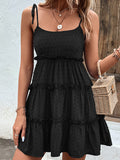 Momentlover A-Line High Waisted Backless Jacquard Solid Color Split-Joint Tied U-Neck Mini Dresses Slip Dress