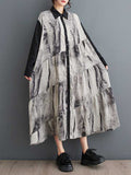 Momentlover Wash Painting Split-Joint Printed Buttoned Loose Long Sleeves Lapel Shirt Dress Midi Dresses
