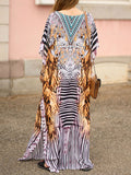 Momentlover Tiger Skin Pattern Split-side Printed Short Sleeves Loose V-neck Maxi Dresses Beach Cover-Up
