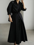 Momentlover Long Sleeves Loose Pleated Solid Color Split-Joint Tied Waist Lapel Midi Dresses Shirt Dress