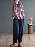 Momentlover Lace-Up Floral Printed Loose Long Sleeves Round-Neck Blouses&Shirts Tops