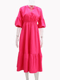 Momentlover Solid Color Pleated Elasticity Loose High Waisted V-Neck Midi Dresses