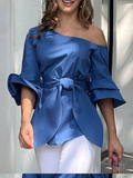 Momentlover Solid Color Knot Asymmetric Flared Sleeves One-shoulder Blouses&shirts Tops