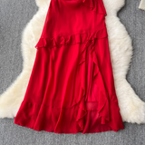 - Red dress sexy slit ruffled patchwork holiday skirt GEU1116
