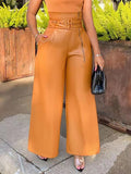Momentlover Zipper Solid Color Belted Wide Leg High Waisted Trousers Pants