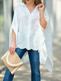 Momentlover Cap Sleeve Loose Asymmetric Solid Color Lapel Collar Blouses&Shirts Tops
