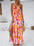 Momentlover Tied Split-Side Printed Pleated Elasticity Backless Sleeveless High Waisted Halter-Neck Maxi Dresses