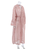 Momentlover Tied Waist Split-Side Solid Color See-Through Mesh Jacquard Loose Long Sleeves V-Neck Maxi Dresses
