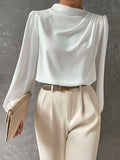 momentlover Simple Long Sleeves Puff Sleeves Asymmetric High-Neck Blouses&Shirts Tops