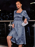 Vzyzv Floral Jacquard Knee Length Dress, Elegant Squared Neck Long Sleeve Dress, Women's Clothing