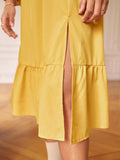 Momentlover Tied Split-Side Split-Joint Solid Color Ruffled Elasticity Backless Loose Long Sleeves V-Neck Midi Dresses
