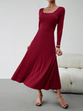 Momentlover Tied Waist Solid Color Skinny Long Sleeves U-Neck Midi Dresses