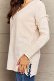 Momentlover Ninexis Full Size Buttoned Dropped Shoulder Raw Hem Pullover Sweater