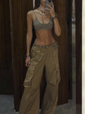 Momentlover Split-Joint Solid Color Pockets Buttoned Wide Leg Loose Trousers Pants