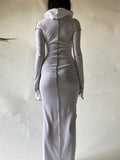Momentlover Split-Joint Solid Color Skinny Plus Size Hooded Maxi Dresses