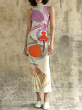 Momentlover Split-Back Flower Print Sleeveless High Waisted Mock Neck Maxi Dresses