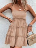Momentlover A-Line High Waisted Backless Jacquard Solid Color Split-Joint Tied U-Neck Mini Dresses Slip Dress