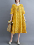 Momentlover Casual Half Sleeves Loose Solid Color Round-Neck Midi Dresses