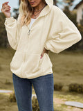 Long Sleeves Loose Drawstring Hooded Pockets Solid Color Zipper V-Neck Outerwear