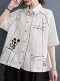 Momentlover Split-Joint Printed Contrast Color Short Sleeves Loose Lapel Blouses