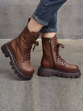 Momentlover Vintage Cow Leather Mid Heels Height Boots