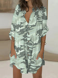 Momentlover Camouflage Buttoned Loose Long Sleeves Lapel Shirt Dress Mini Dresses