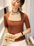 Momentlover Simple Solid Color Square-Neck Half Sleeves Shirt