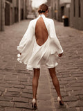 Momentlover Solid Color High-Neck Backless Flared Sleeves Mini Dress